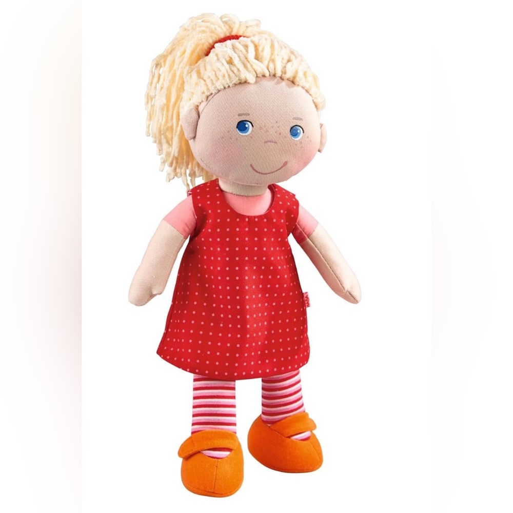 Haba Doll Plush Dress Blonde Yellow Hair Pink red stripes orange shoes 12"